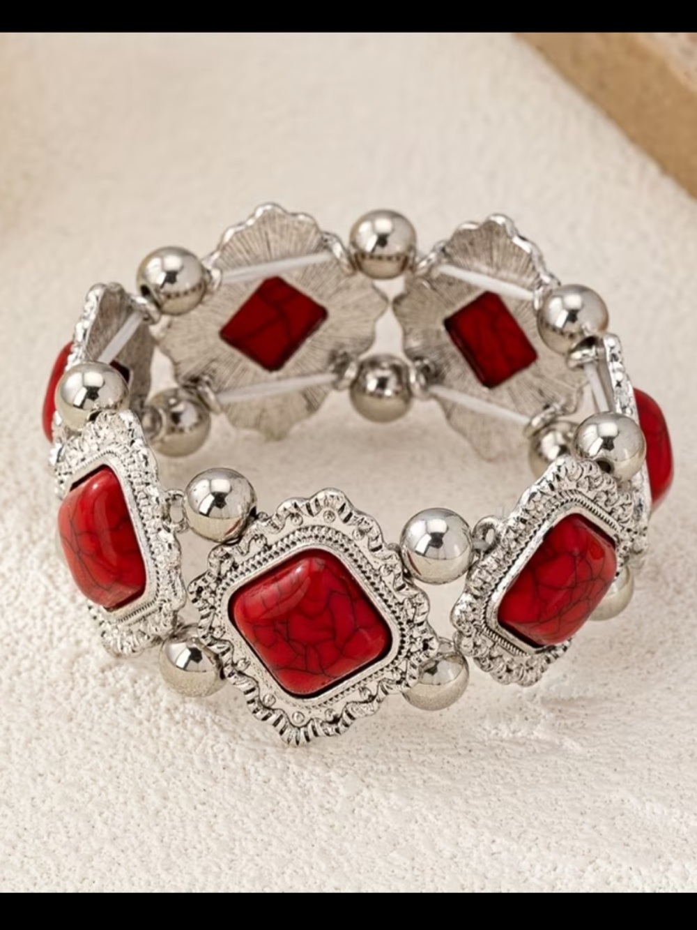 Silver-Tone Red Stone Stretch Bracelet - Women Jewelry